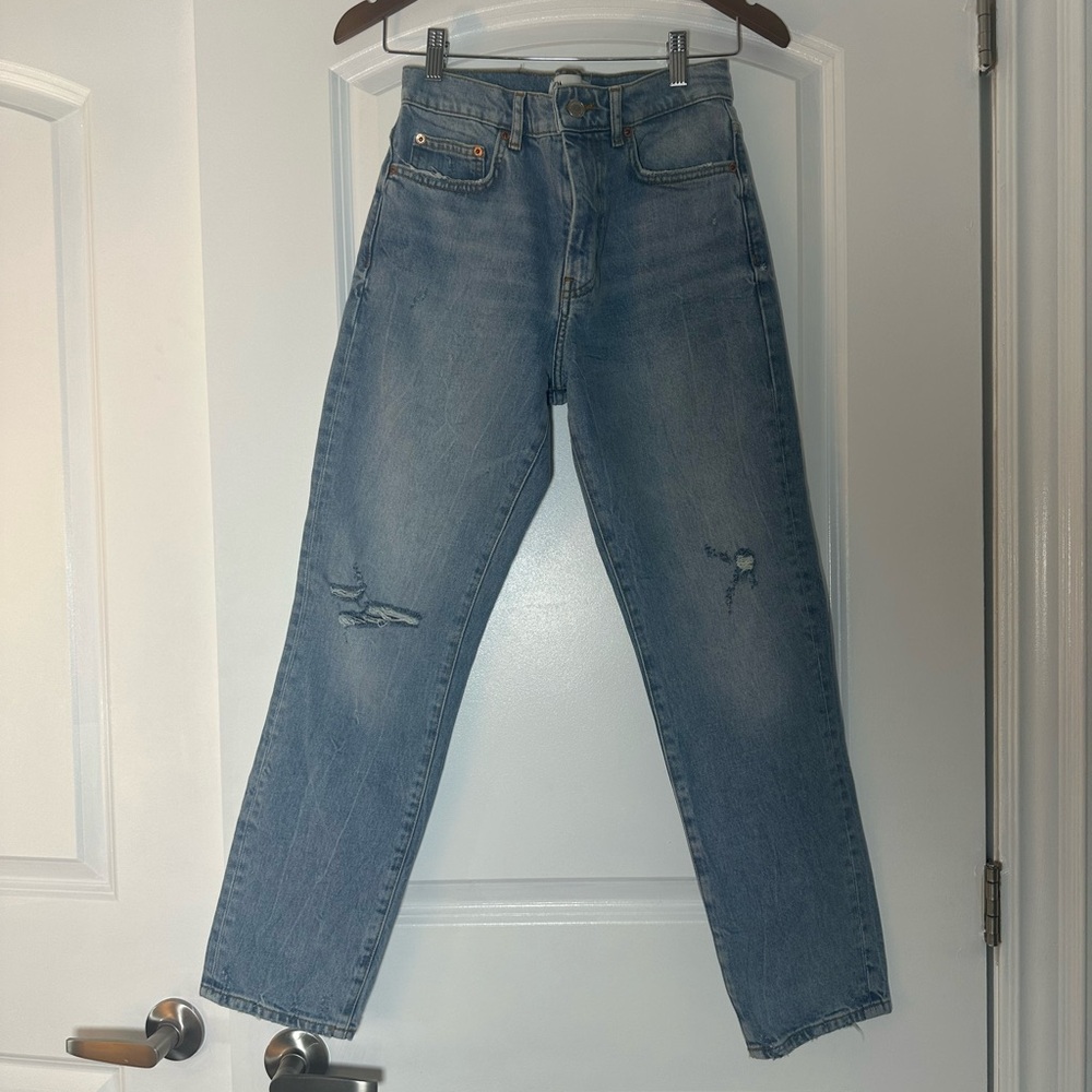 Zara The New Slim High-Waisted Distressed Denim Jeans, Size 34 (Fits Like XS),